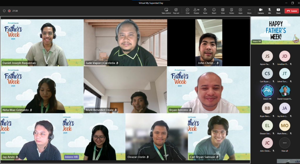 A virtual meeting with participants and "Happy Father's Week" backgrounds.