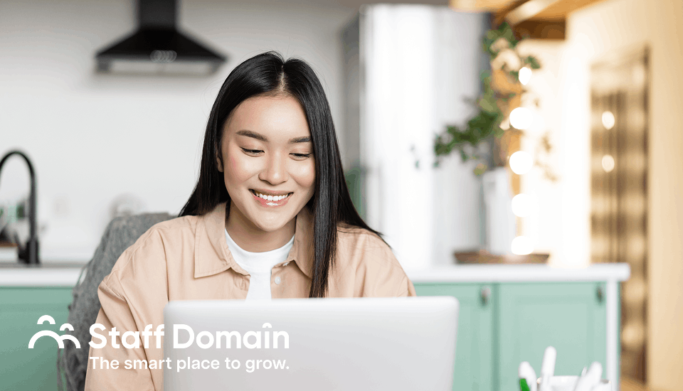 Female happy about studying email marketing for e-commerce business