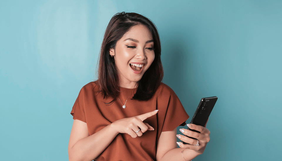 Female happy about the benefits of one-click ordering