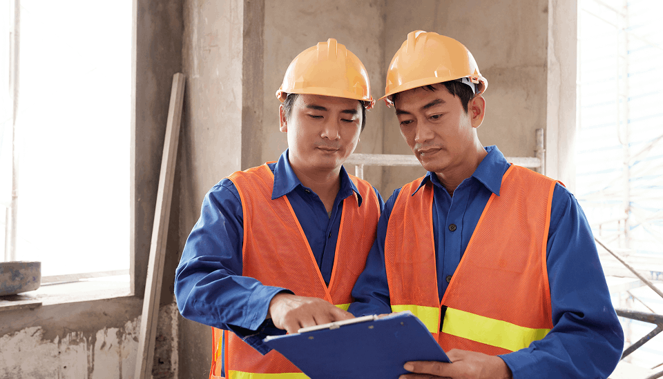 Construction team lead explaining to co-worker the construction labour crisis in Australia