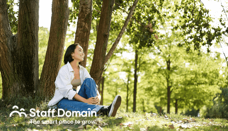 Female enjoying her peace because her mental health in the workplace is good